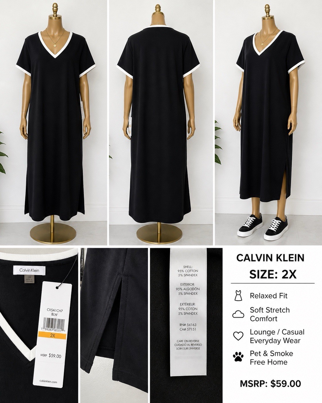 NWT Calvin Klein Women’s 2X Black White Trim Shift Dress V Neck Career Casual