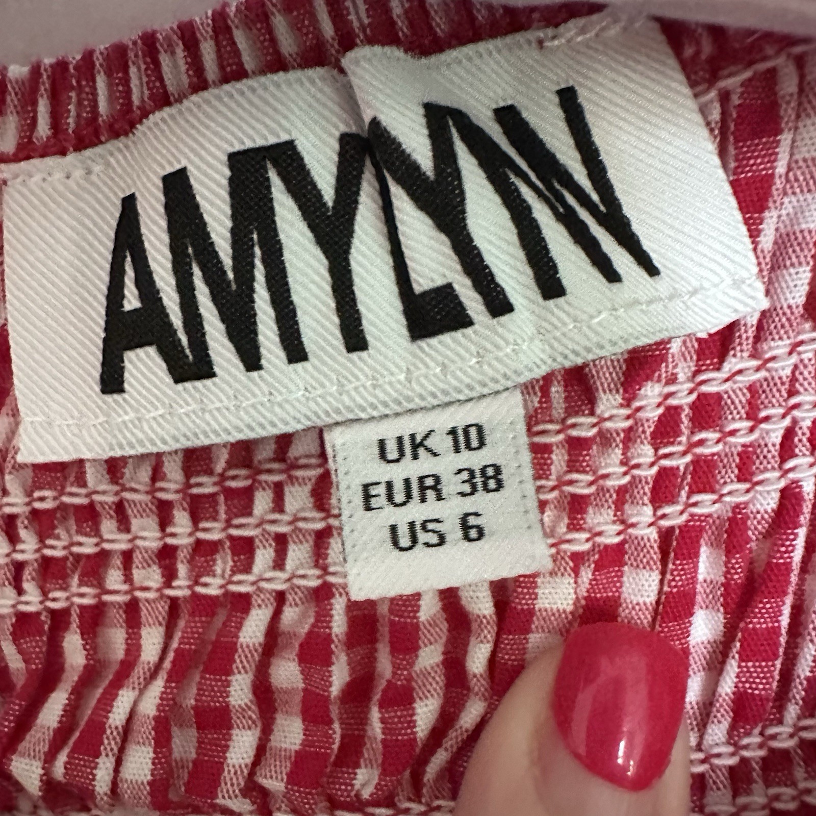 AMYLYNN Red/White Gingham Smocked Mini Dress, Short Sleeve Round Neck US 6