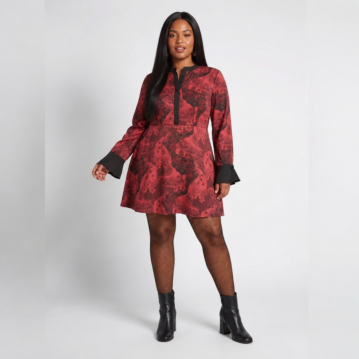 ModCloth Retro Romance Tunic Dress Womens Plus 24 Red Black Art Nouveau Mini