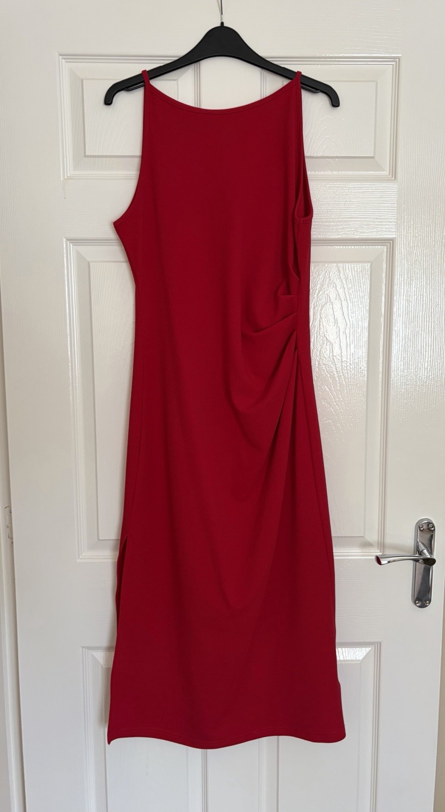 Shein Red Ruched Midi Dress Size Large Leg Split Sleeveless Summer Holiday VGC