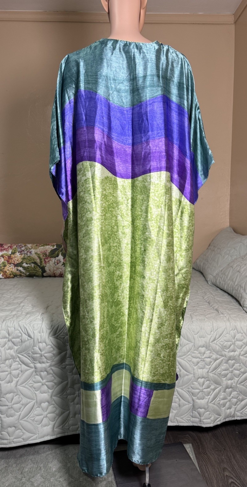 Santee Classics Colorblock Satin Kaftan Dress V-Neck Beaded Long One Size