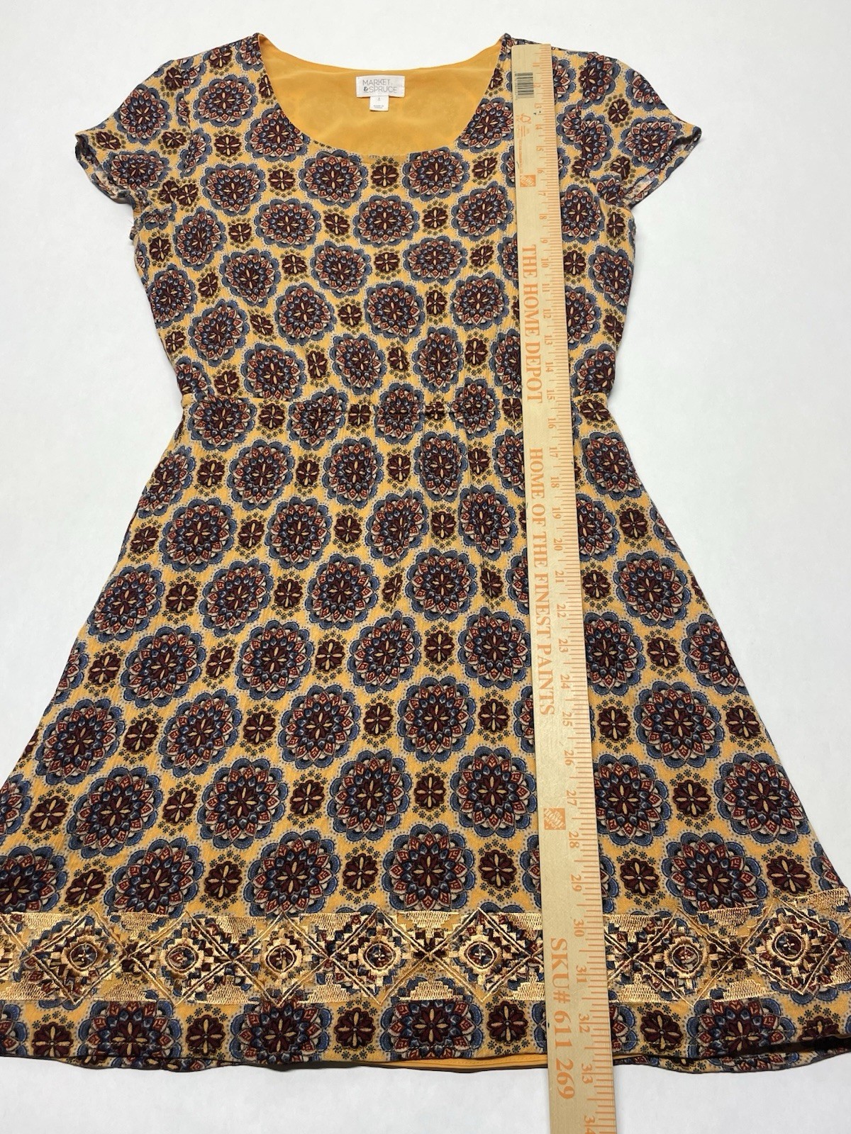 Golden Yellow Metallic Embroidered Mandala Dress Sz S Boho Funky Artsy Festival