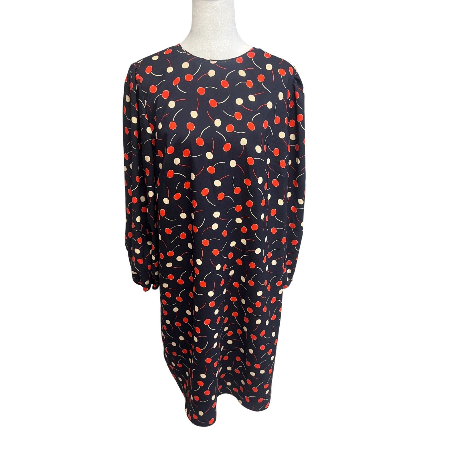Retro Ann Taylor Cherry Dress Shift Long Sleeve Navy Red Sz L Office Academia