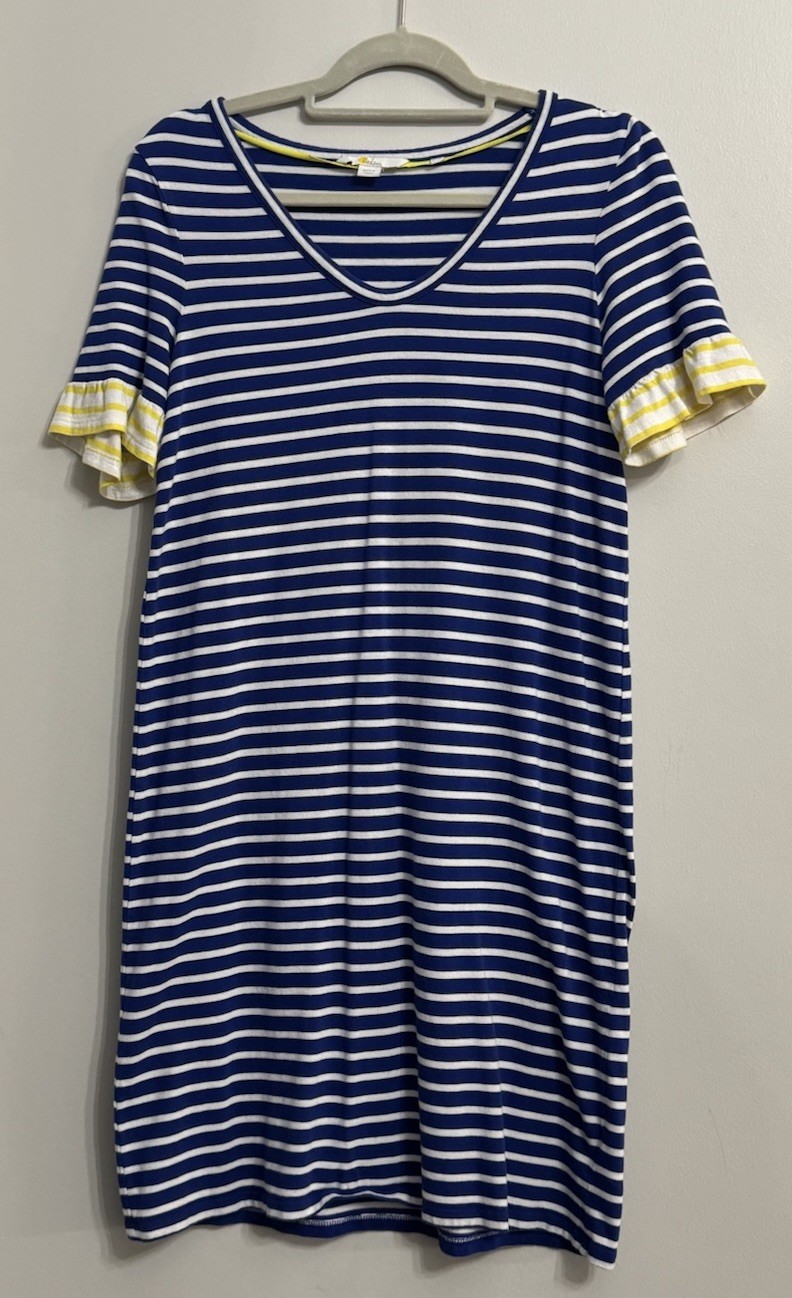 Boden Imogen Blue & White Striped W/ Yellow Ruffle Sleeve V Neck Dress Sz 8L