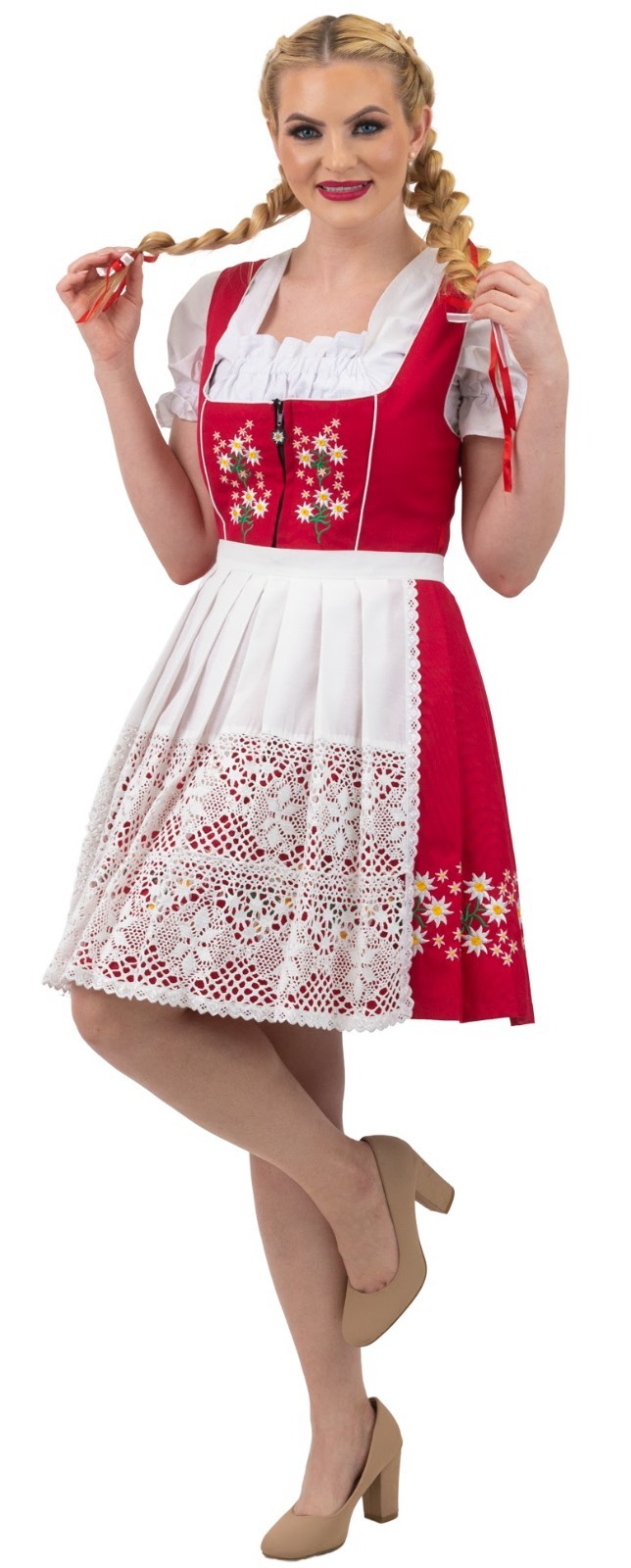 14 L Red German Dirndl Dress Short EMBROIDERED Oktoberfest COTTON 3 Pc SET