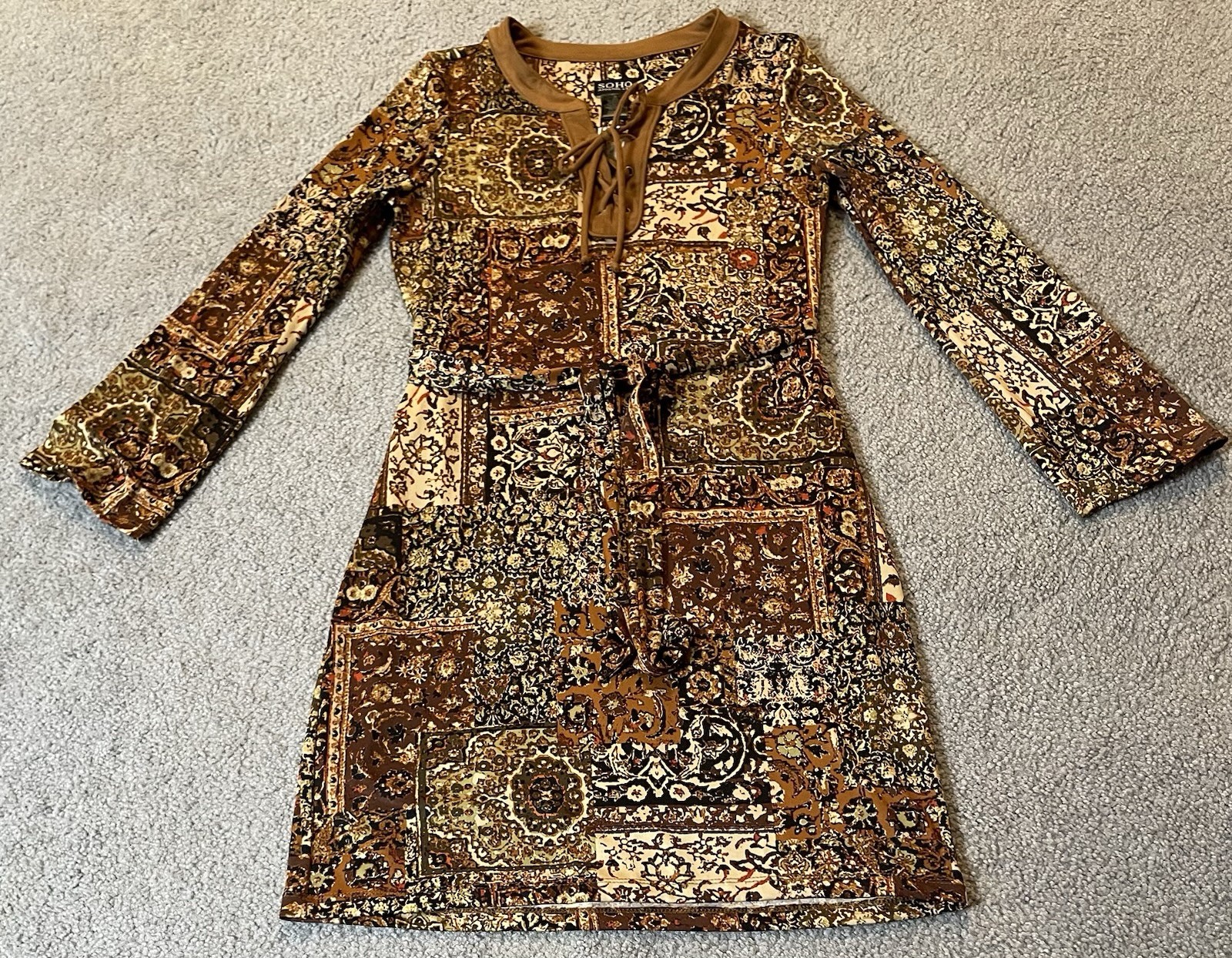 Soho Apparel Ltd Floral Dress S Belted Brown Ivory Front Tie Boho Classic City