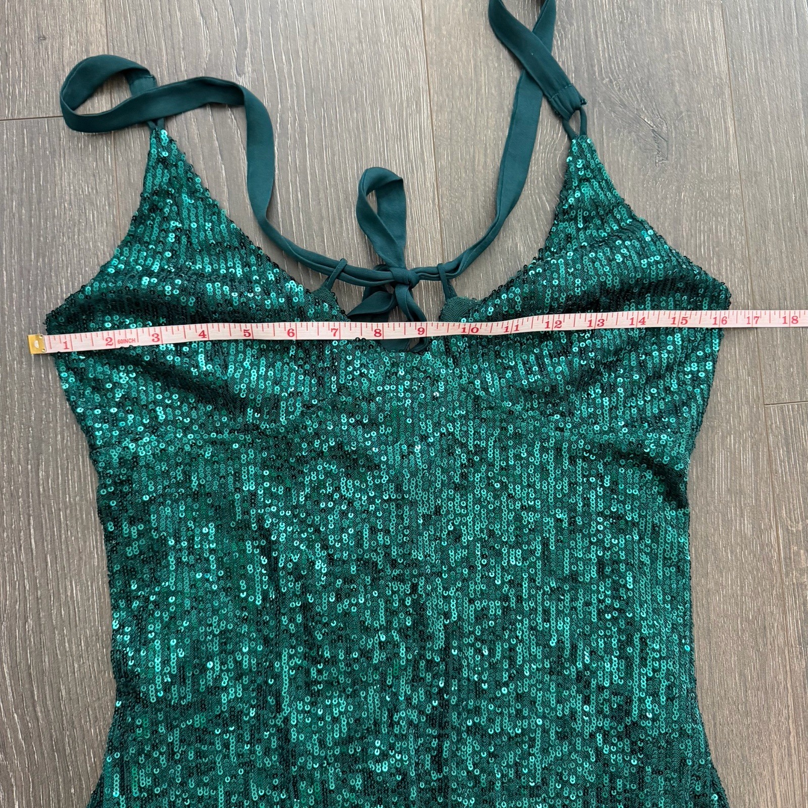Free People Green Sequin Mini Dress Chemise Gown Bow Medium Whimsigoth Party