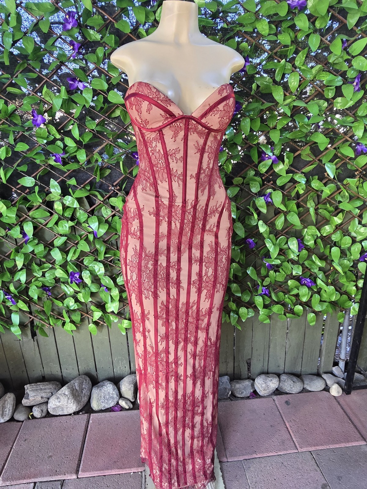 Babyboo Burgundy Floral Lace Corset Boned Sheer Sweetheart Maxi Gown Medium