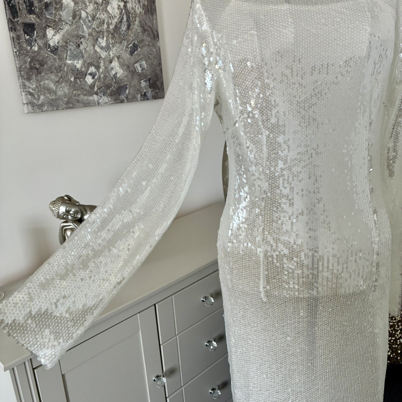 Rare London White Sequin Round Neck Long Sleeve Maxi Dress With Cami 8 RRP £95