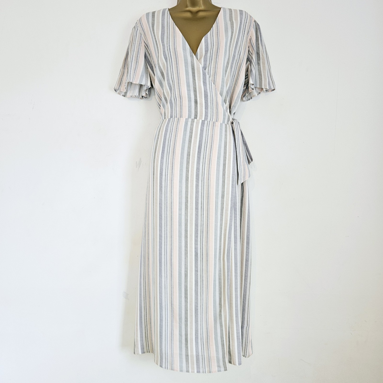 NEW Ex ROMAN 12-18 Midi Tea Wrap Dress Knot Waist Striped Blue Grey Beige White