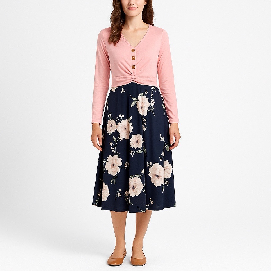 Women’s XL Sz 10 Midi Dress Pink Top Floral Skirt Long Sleeve V-Neck Fit & Flare