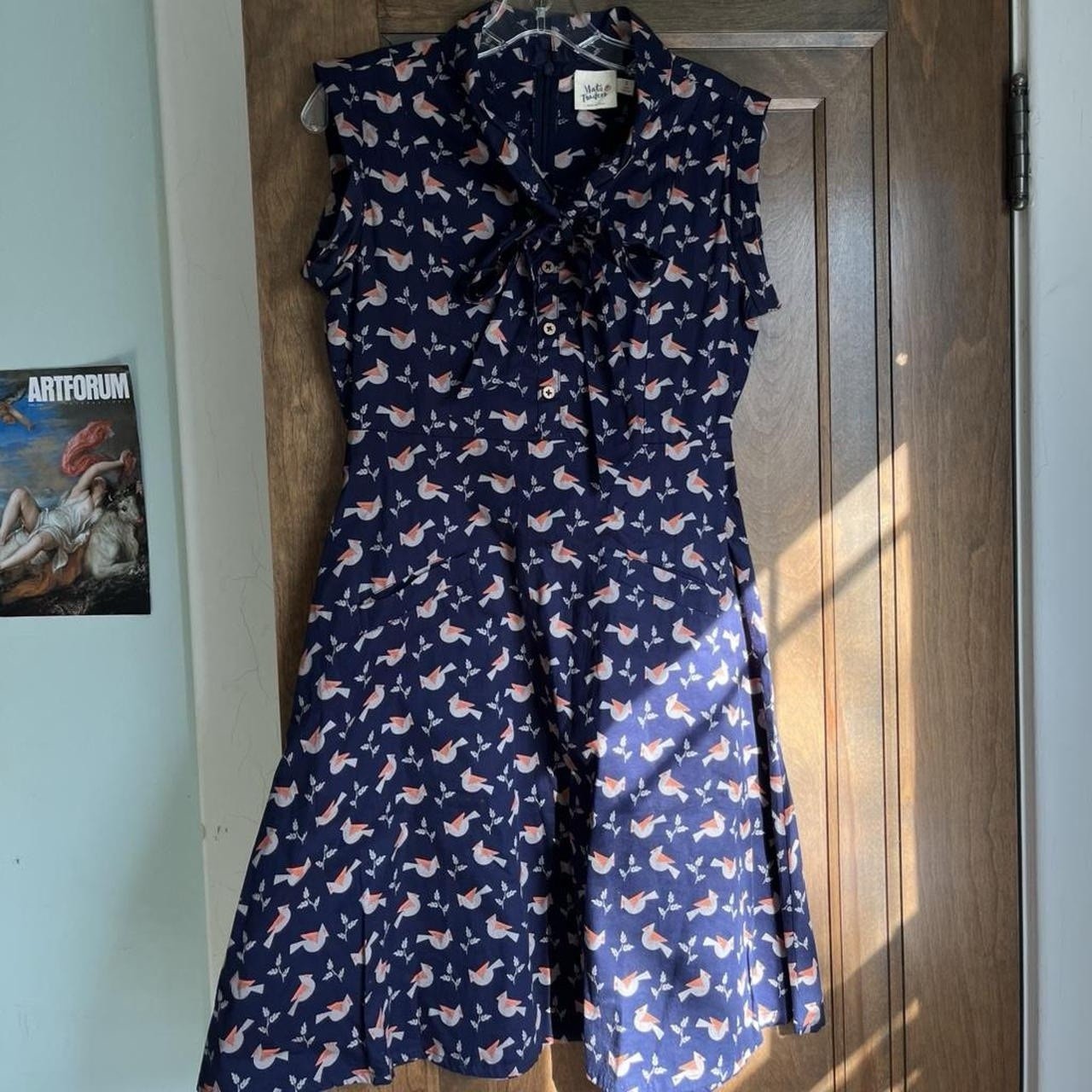 Matta Traders S Navy Bird Print Cotton Fit & Flare Shirt Dress Bow Pockets