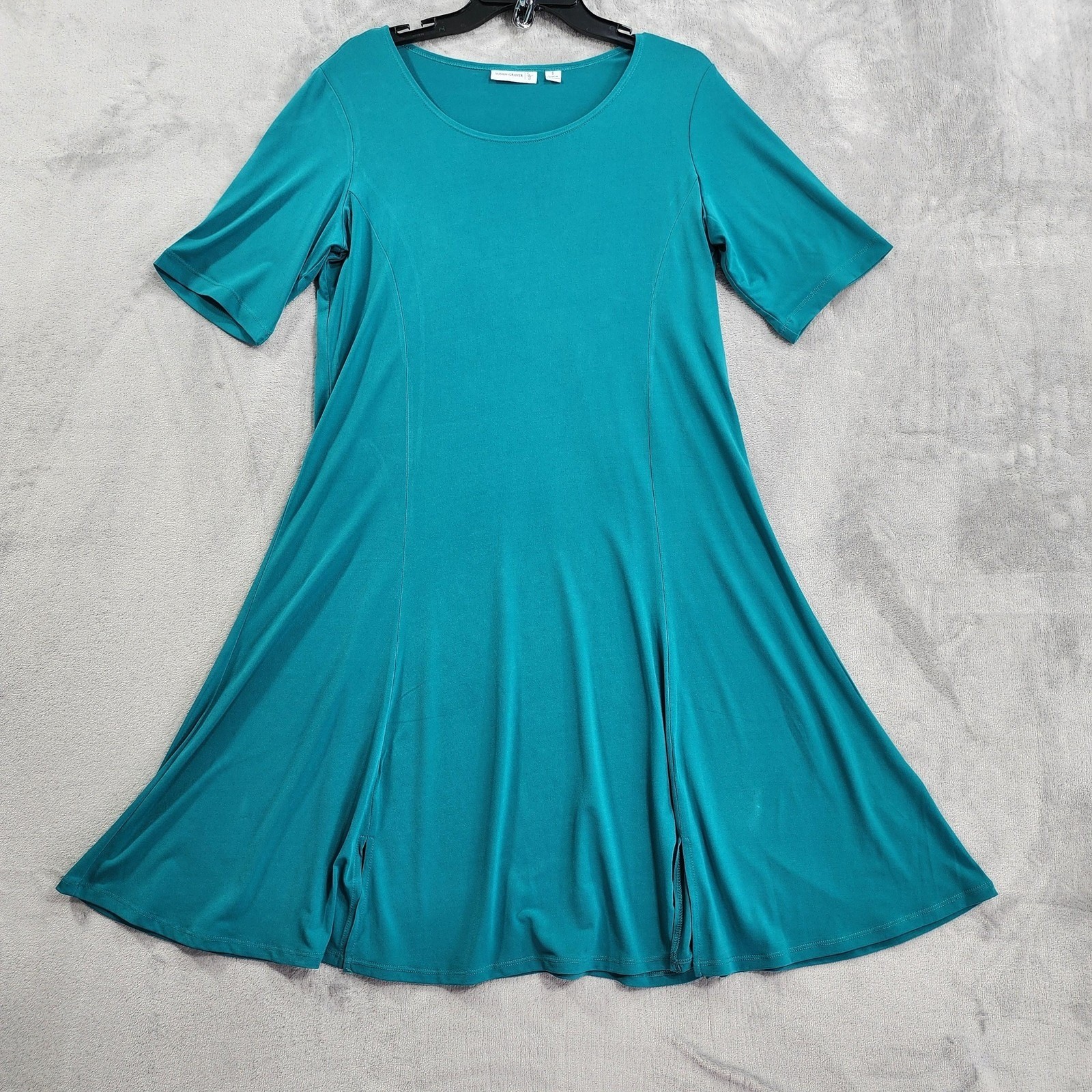 Susan Graver Dress Womens S Teal Blue Liquid Knit Swing Midi Short Sleeve Casual