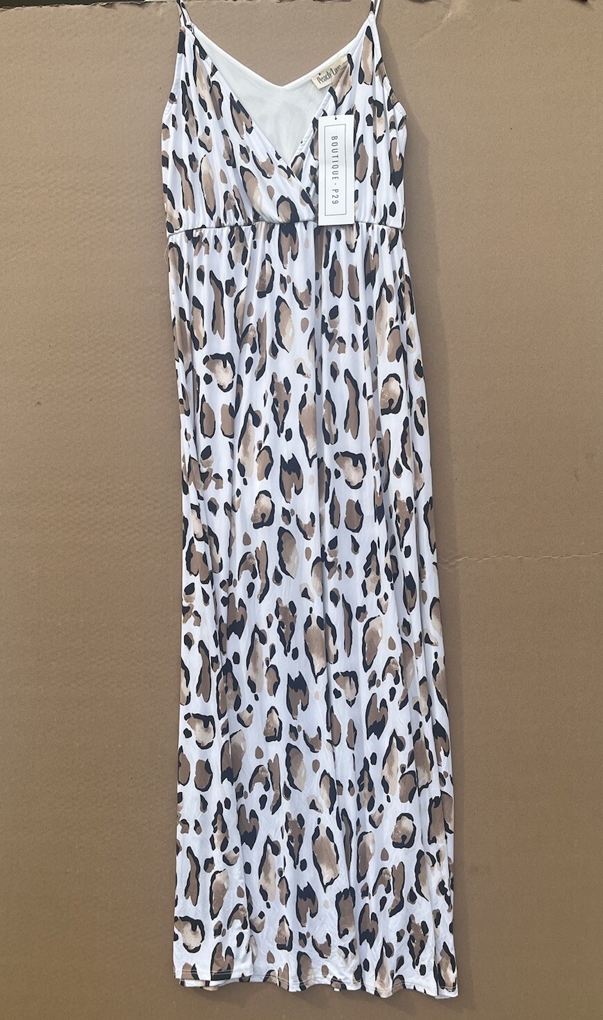 Peach Love Animal Print Flowy Maxi Dress L Cream Black Sleeveless V Neck Coastal