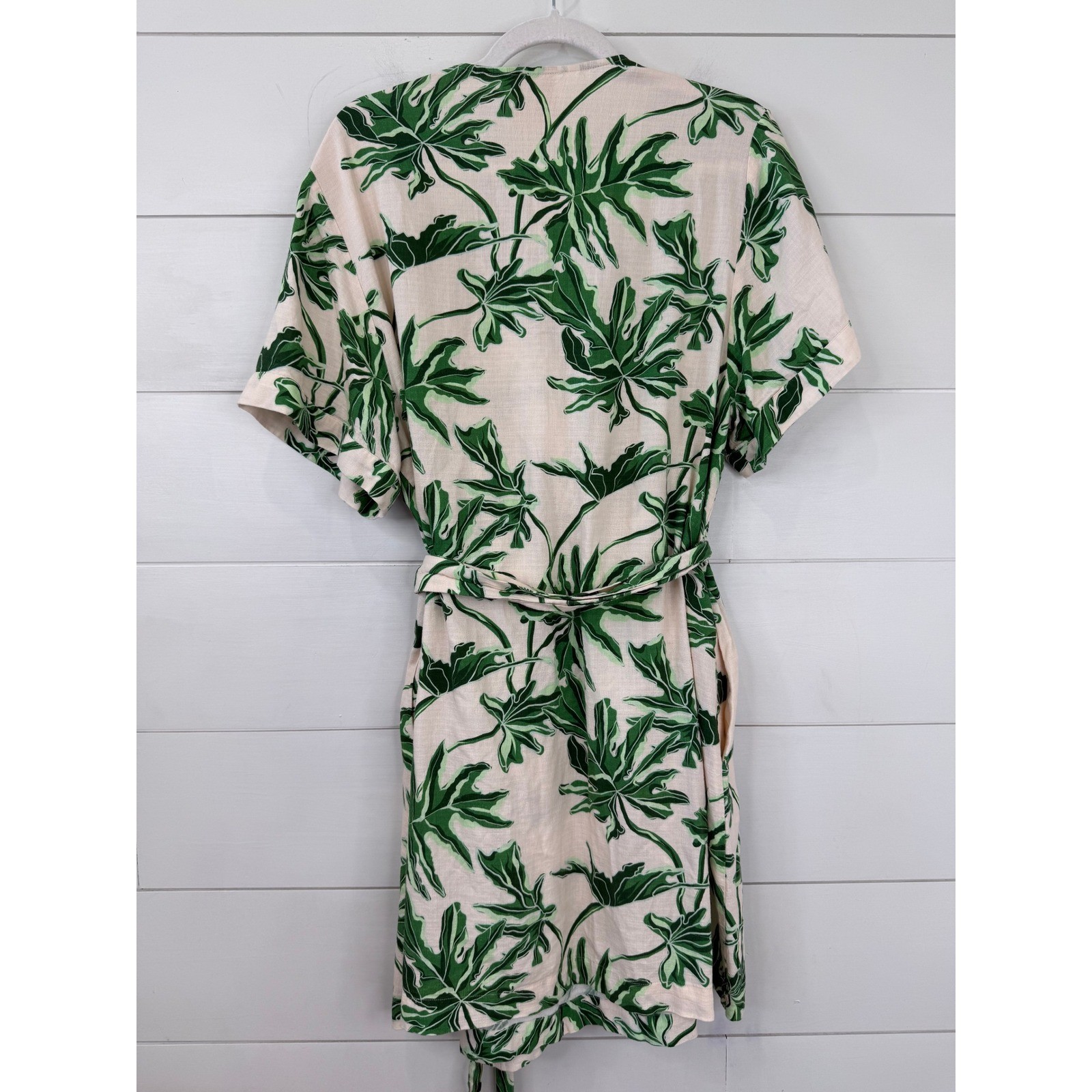 Emily McCarthy Wrap Dress Women Large Green Tropical Palm Leaf Linen COASTAL