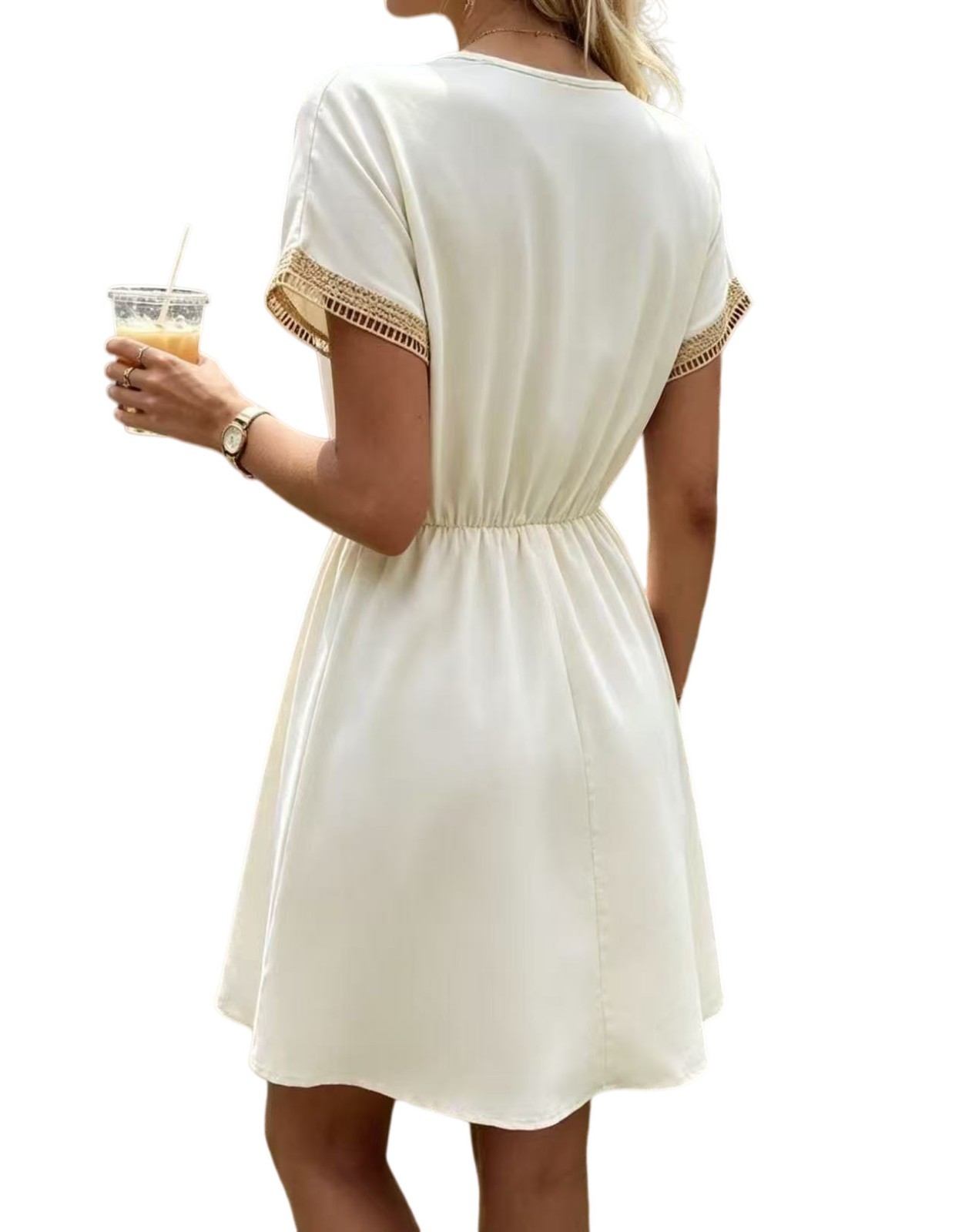 V Neck Lace Summer DRESS SOLID Short Sleeve SWEET A Line Party Sundress S-3XL
