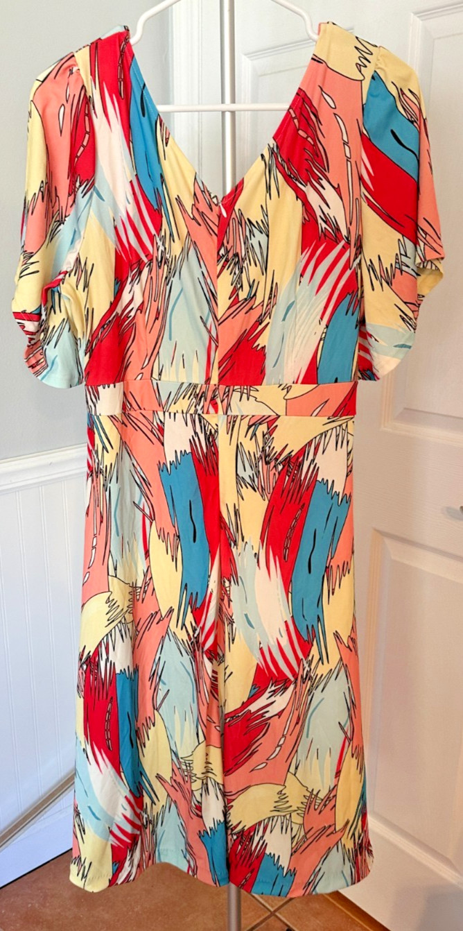 DRESS PEACH YELLOW RED WHITE BLUE SIZE XL VIBRANT ABSTRACT