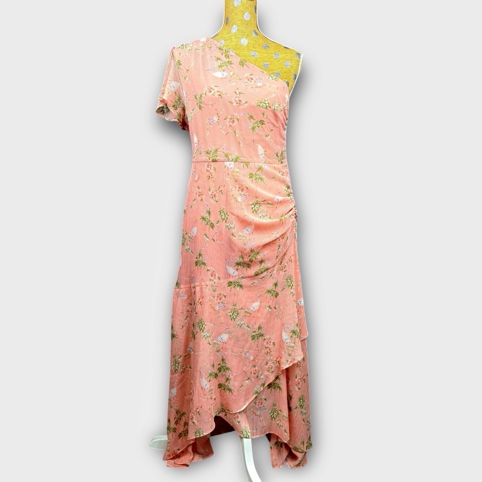 Banana Republic Pink Peach Floral Crane One Shoulder Maxi Dress Ruched Size 8