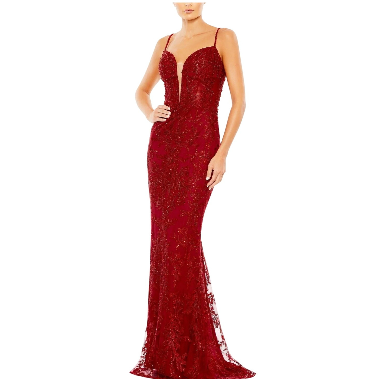 Mac Duggal 20330 Red Evening Gown Beaded Lace Sleeveless Mermaid Dress Size 12