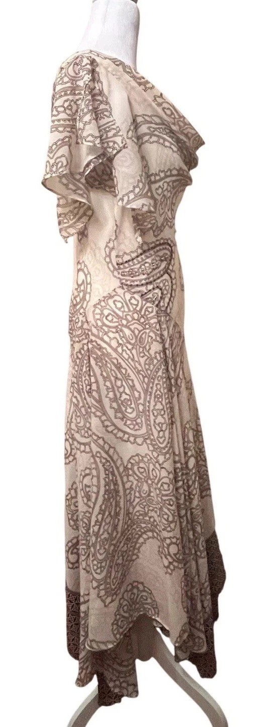 Vintage Y2K handkerchief hem Paisley Print Cowl Neck Midi Dress Sz 10 Boho Gypsy
