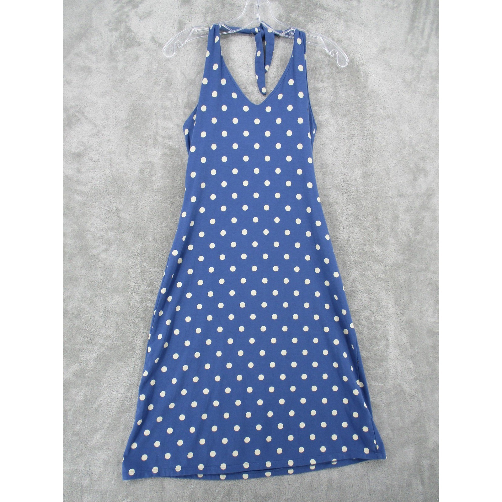 Boden Dress 10 Polka Dot Halter Midi Stretch Knit Retro Shelf Bra Comfort Blue