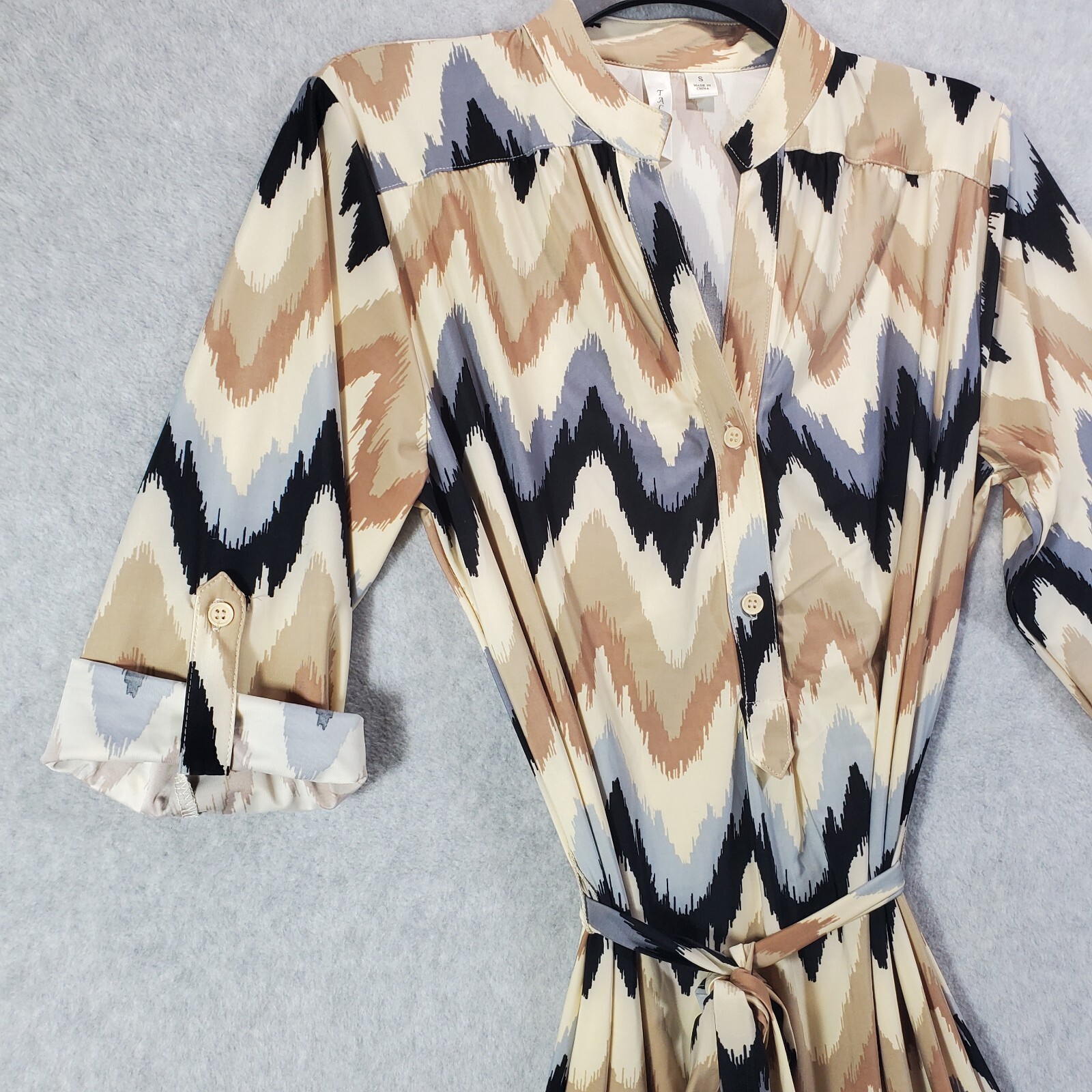 Tacera Dress Womens Small Beige Blue Black Chevron Pintuck Mandarin Collar