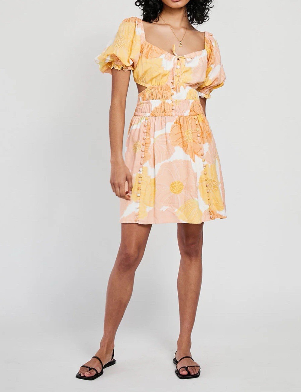 SABO Kensington Backless Yellow Orange Flower Dress Puff Sleeve Sz Small Party