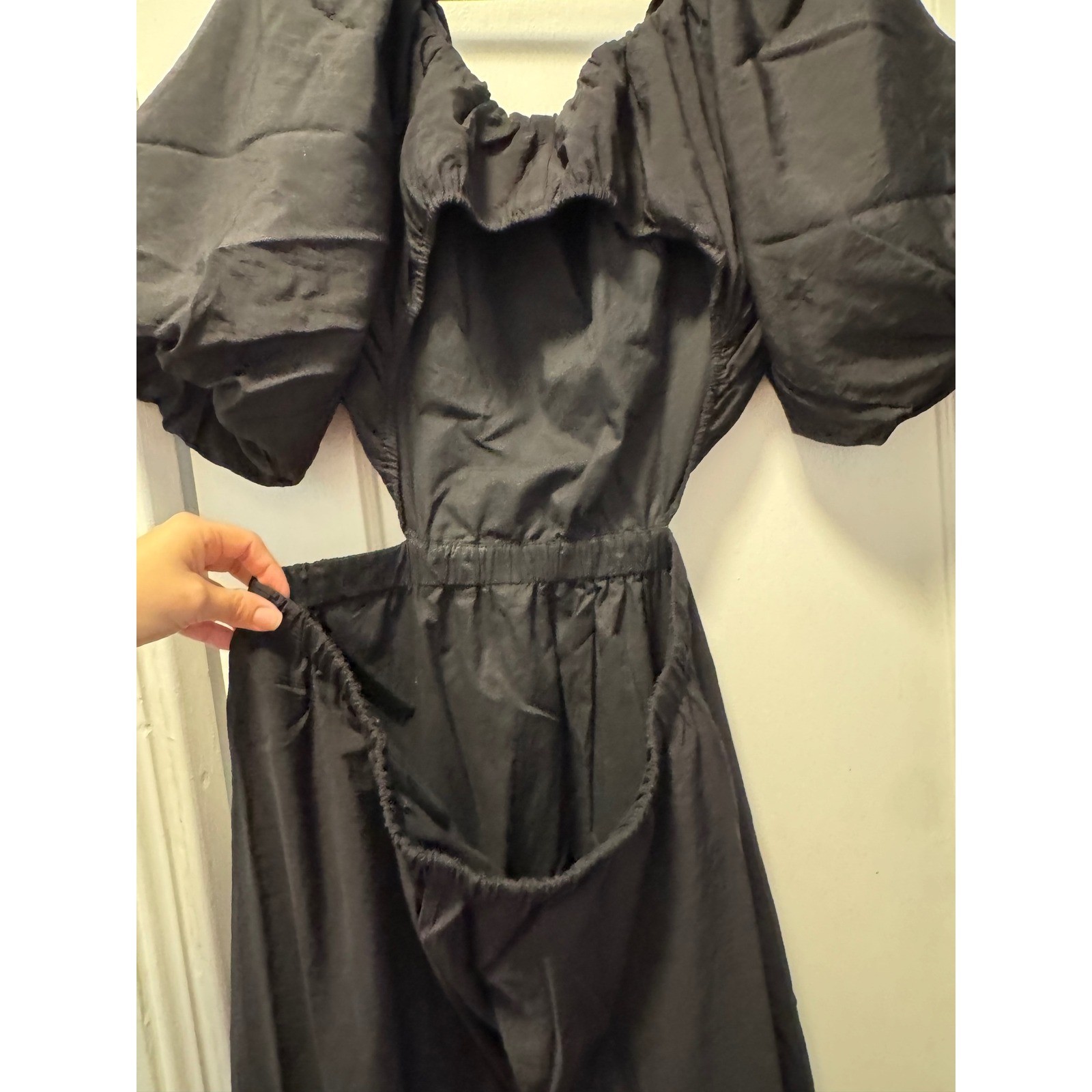 HM Black Puff Sleeve Cutout Midi Dress Womens Large Elastic Waist Viscose Blend