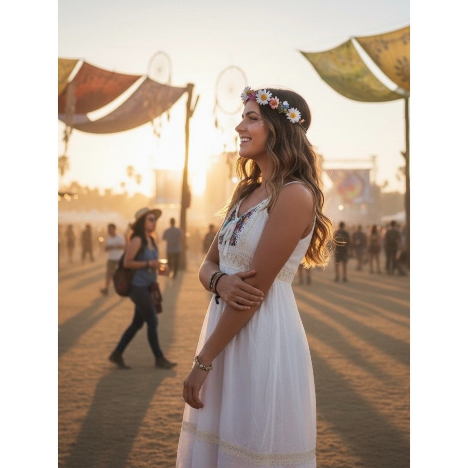 Women’s White Boho Embroidered Peasant Dress | Lace Trim Empire Waist