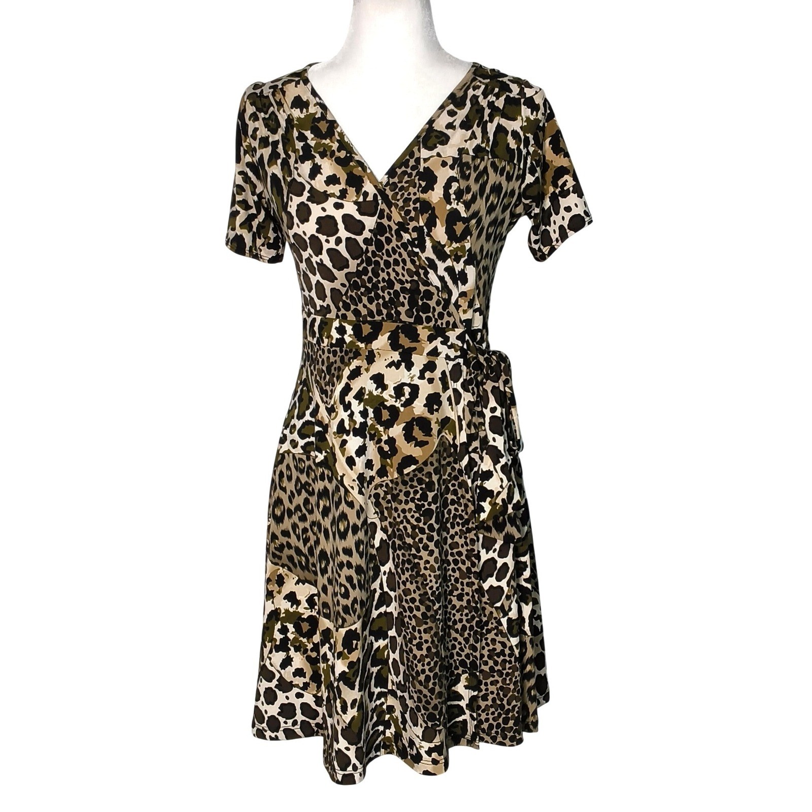 Soprano Wrap Dress Women Medium Brown Leopard Animal Print Short Sleeve