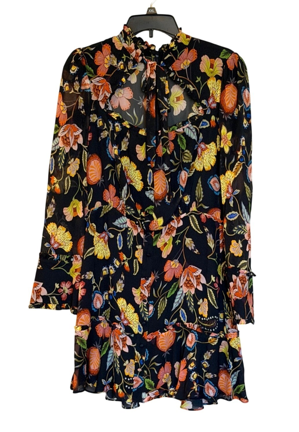 Alexis Women’s Morgana Floral Ruffle Mini Dress Black Multi Cut Out Size Large