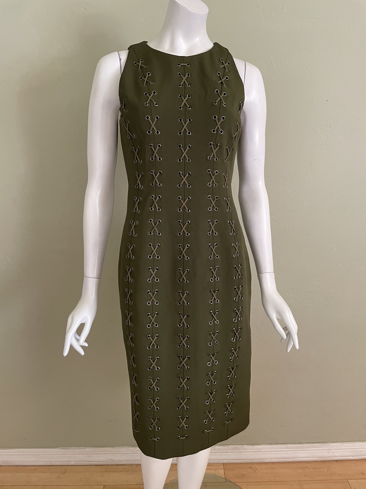 Cushnie et Ochs Olive Green with Lace Up Detailing Midi Dress size 8