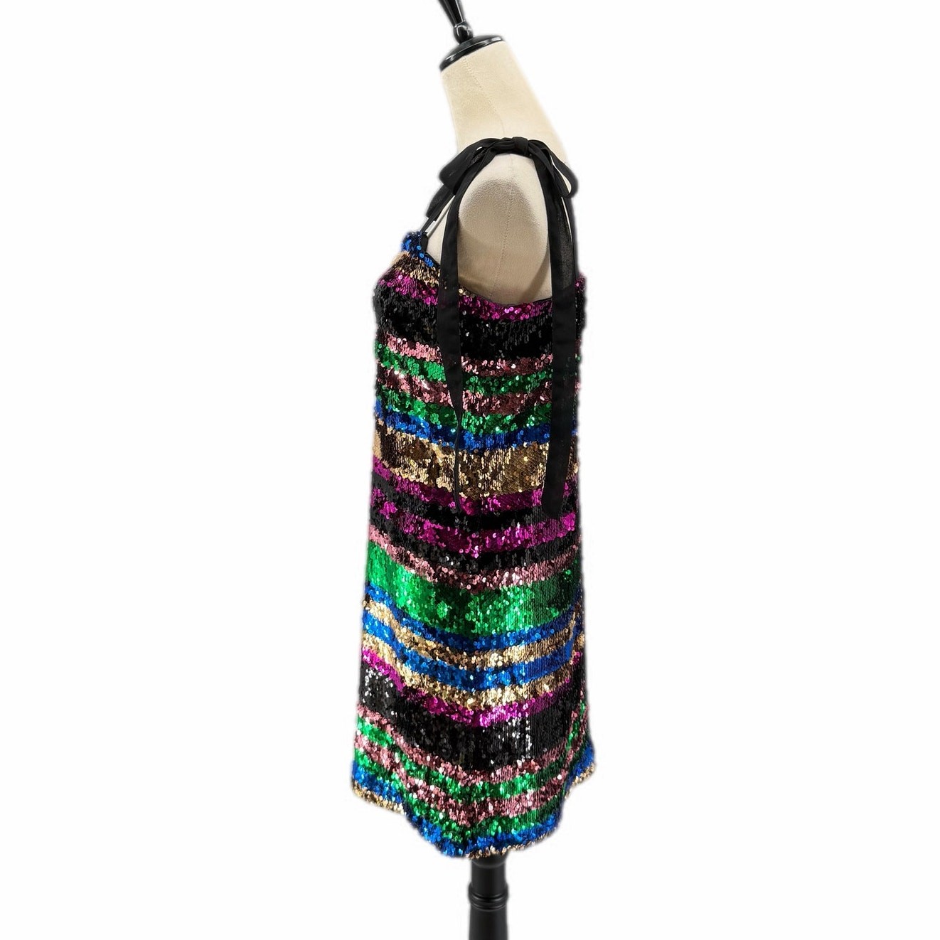 Lea & Viola M Black Multi Color Sequin Stripe Mini Sleeveless Ties Shift Dress
