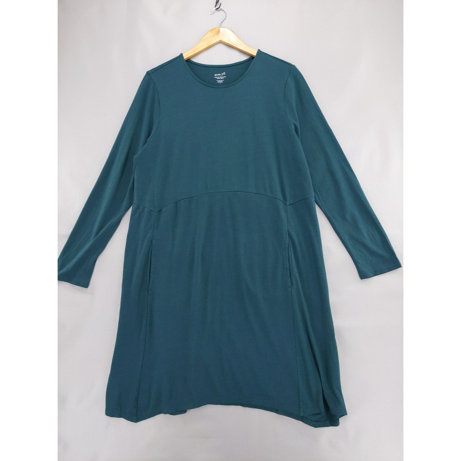 Pure Jill Swing Dress Women Large Teal Long Sleeve Pima Cotton Dipped Hem Pocket