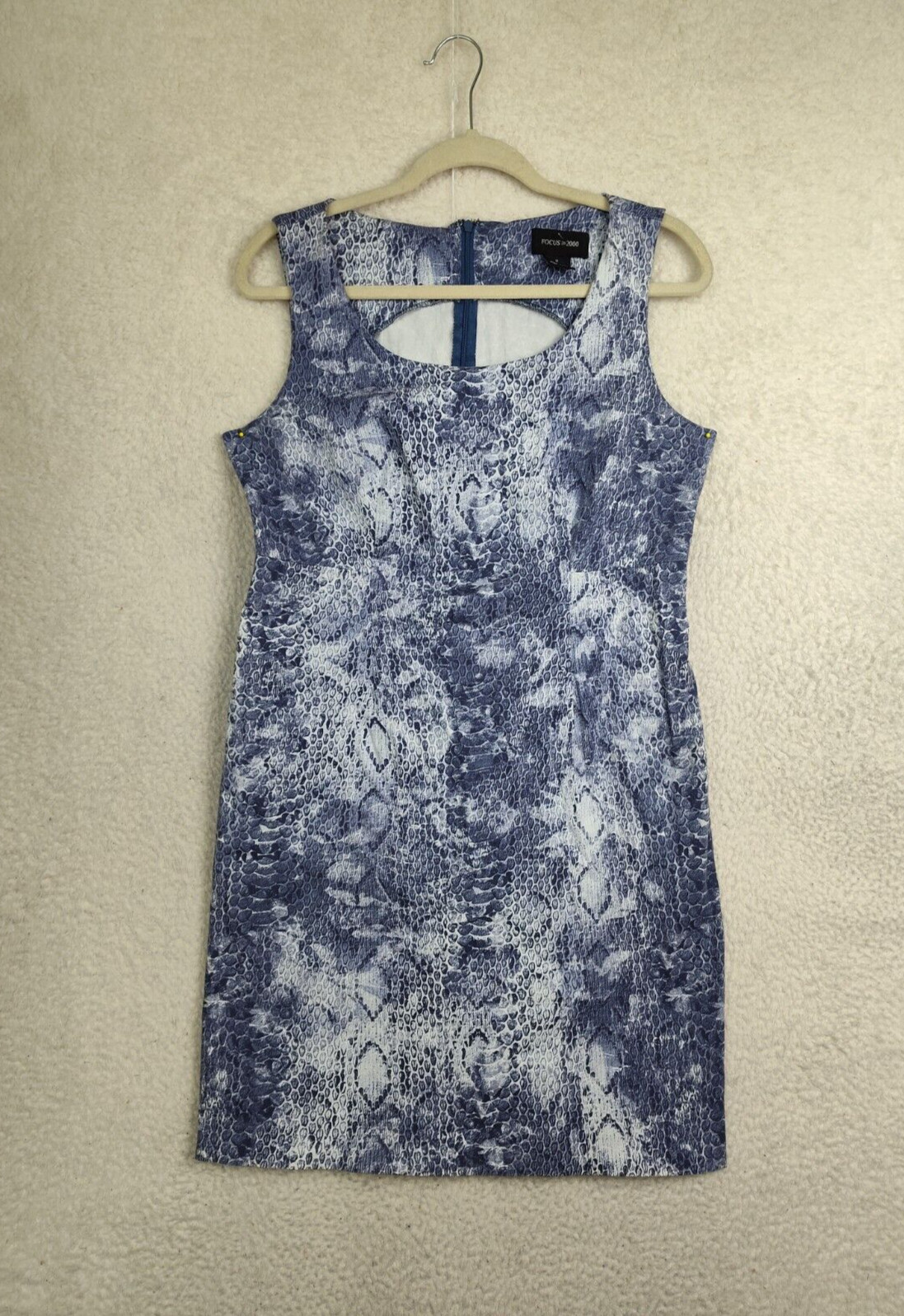 Focus Women Dress 10 Blue Printed Cotton Blend Sleeveless Casual Mini Sheath