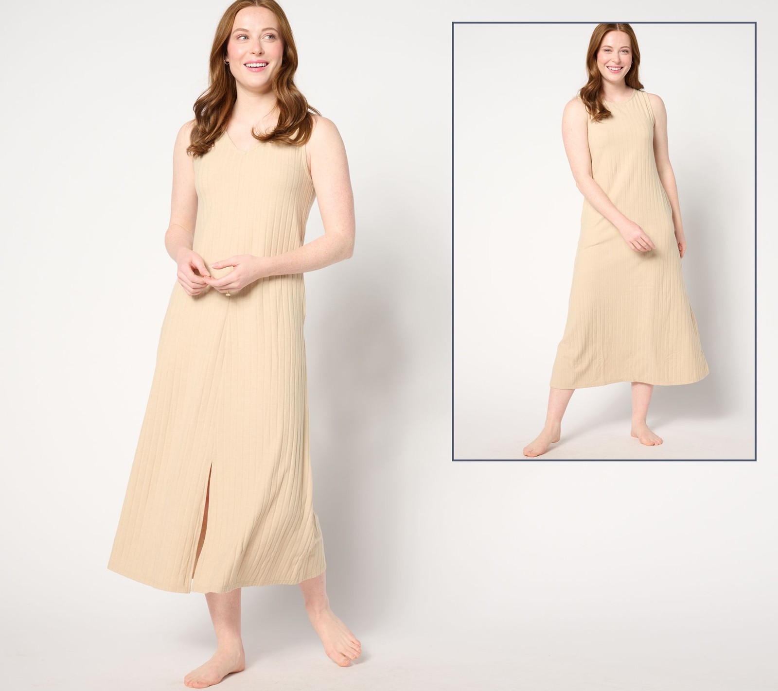 Cuddl Duds Wide Rib 2-Way Round to V-Neck Tank Maxi Dress Deep Linen XL New