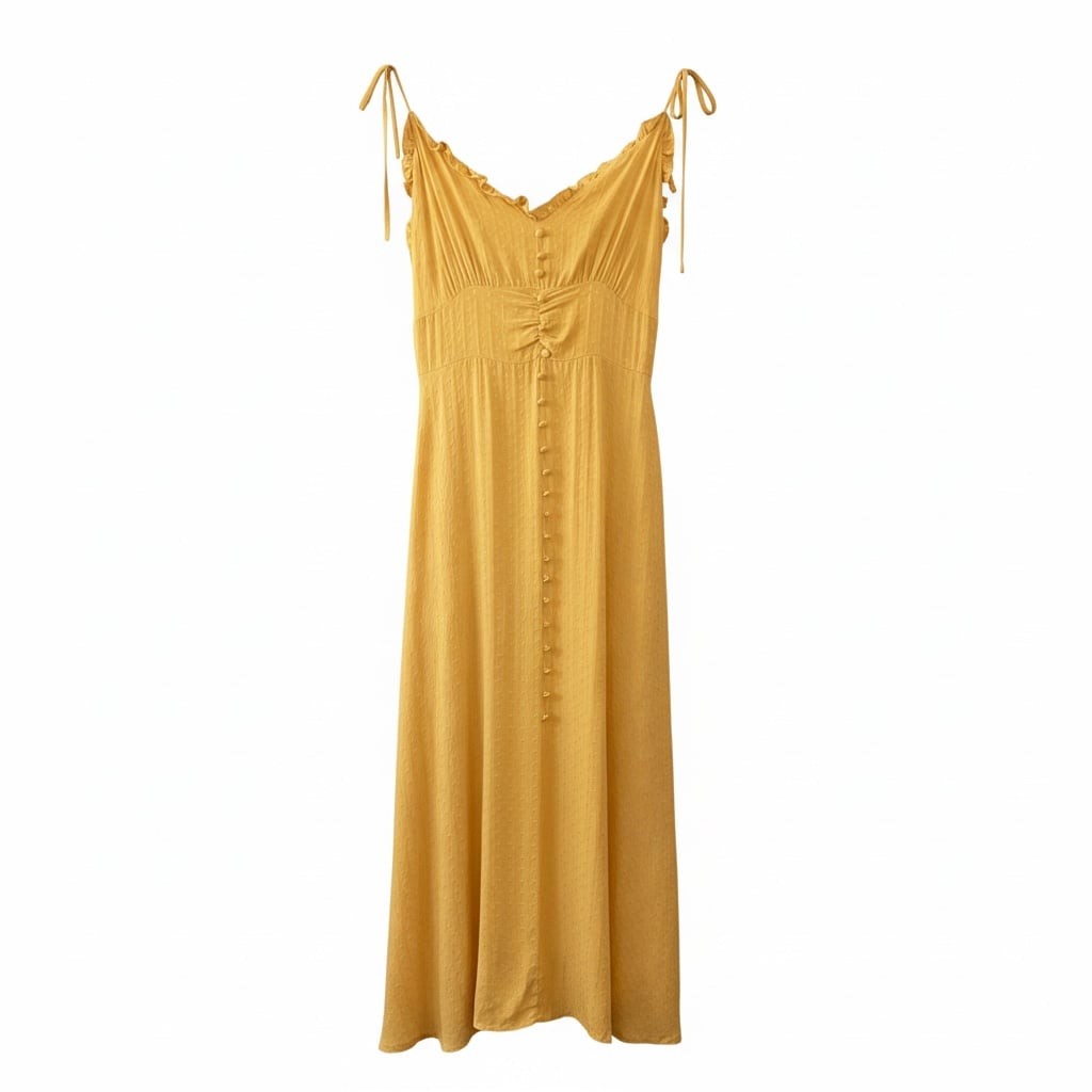Inmod Yellow Swiss Dot Tie Strap Midi Dress Cottagecore Boho Sundress L