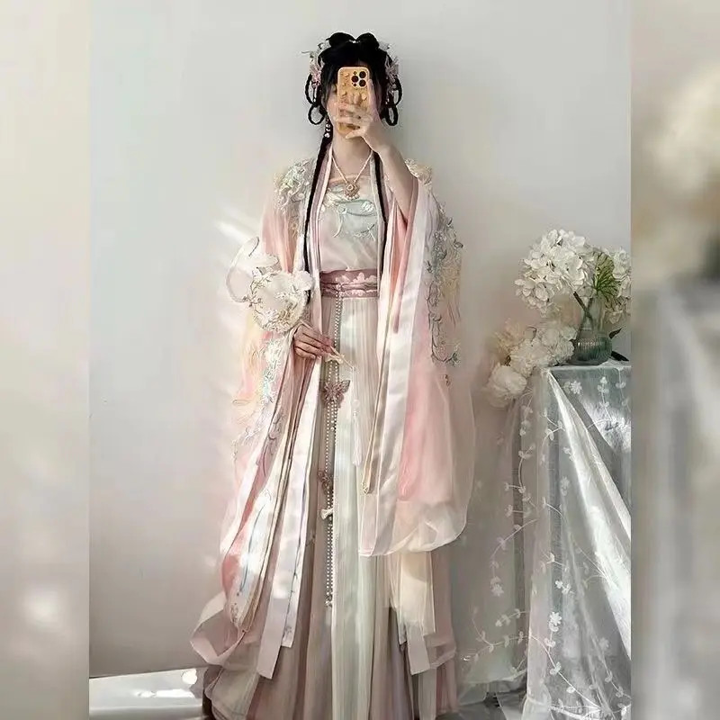 Big Sleeve Cape With Camisole And Pleated Skirt Chinese Style Embroidered Hanfu