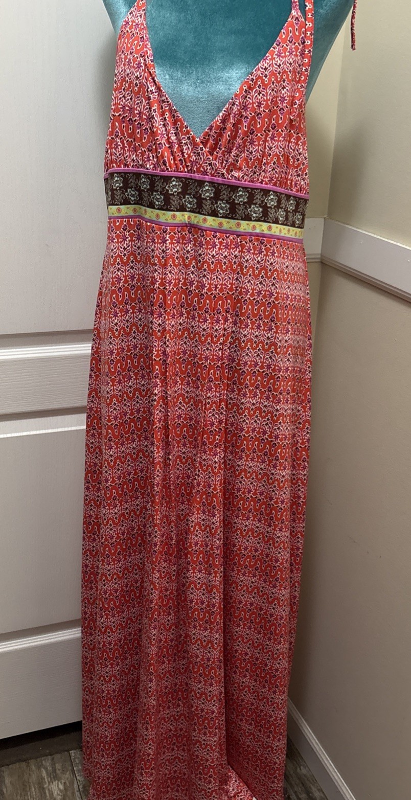 Autumn Colors Halter Spaghetti Strap Maxi Boho Festival Hippie Sun Dress Large