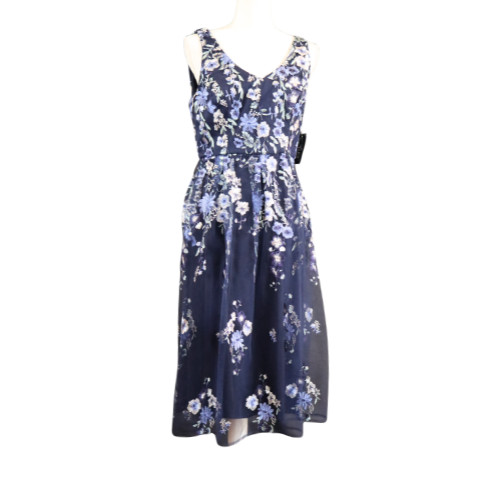 Alex Evenings Navy Blue Floral Mesh Midi Dress Size 6 Elegant Evening Cocktail