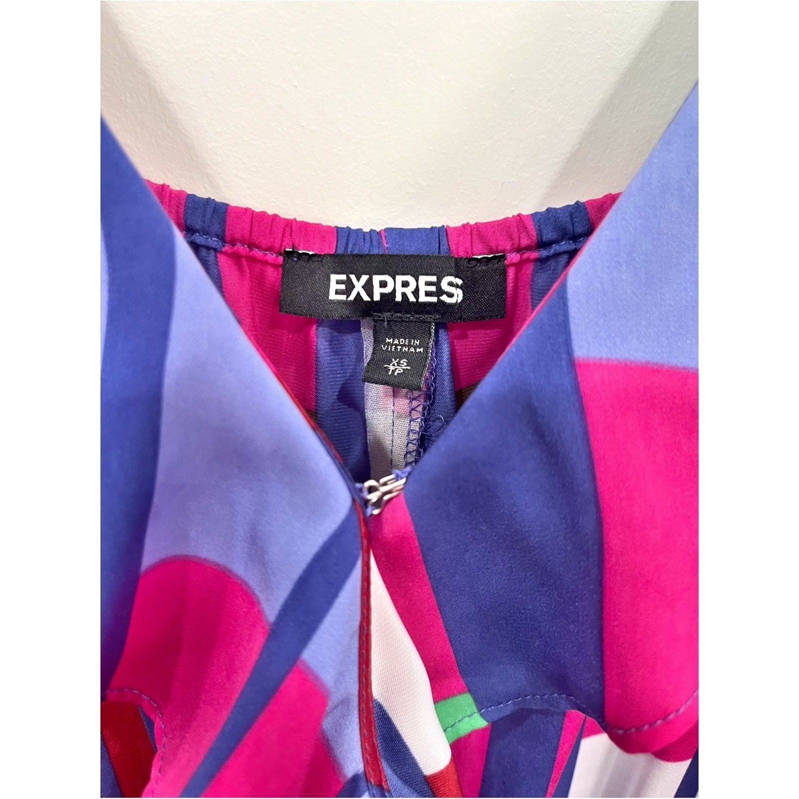 Express Geometric Print Ruffle Wrap Dress XS Pink Blue Multicolor Sleeveless