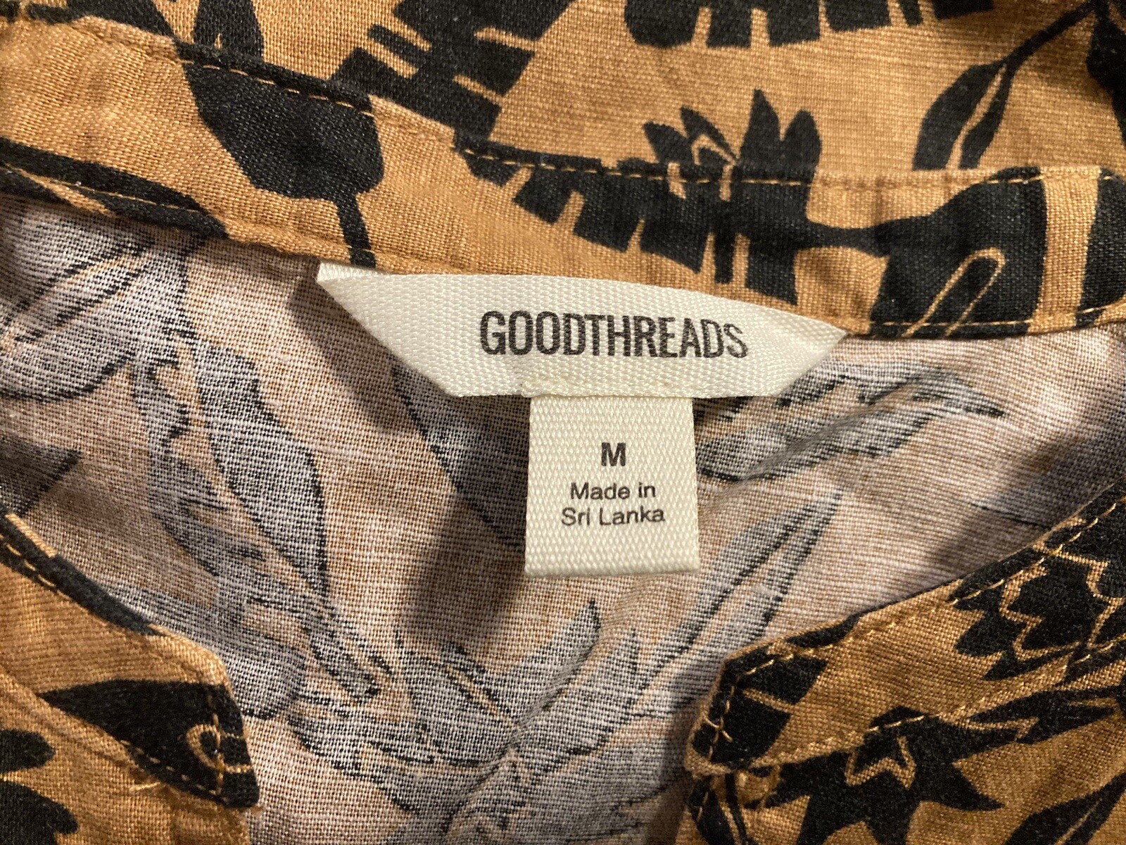GOODTHREADS MEDIUM Linen Cotton Elbow Sleeve Split Neck Dress, Tan Block Floral