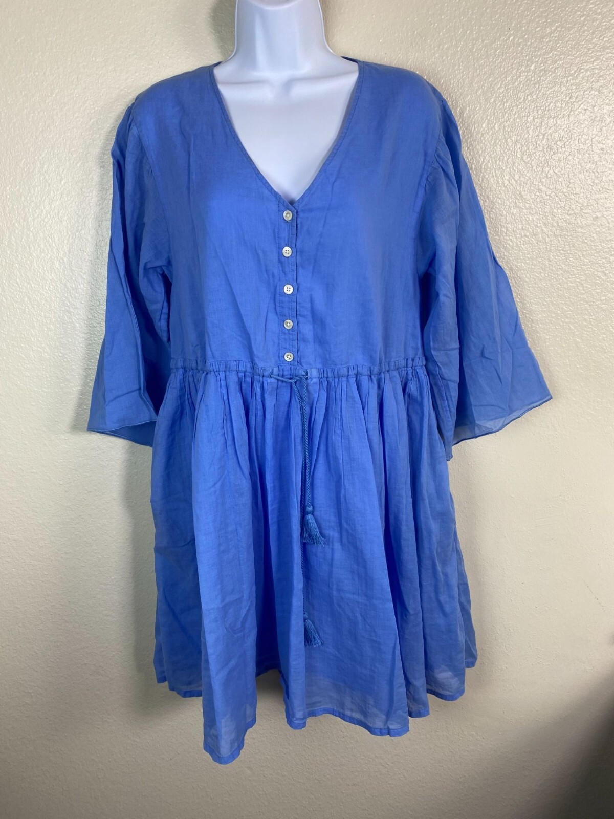 ATM Anthony Thomas Melillo Blue V-Neck Dress size Medium Lightweight 3/4 Sleeve