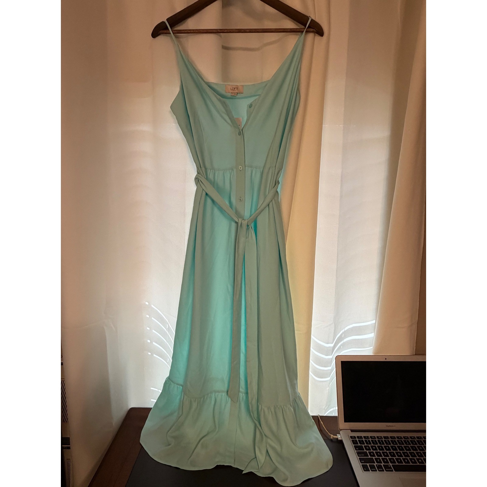 LOFT Outlet Aqua Blue Midi Dress Womens Size 8 NWT Button Front Tie Waist Ruffle