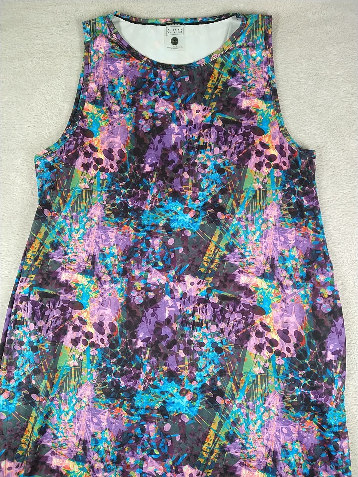 CVG Constantly Varied Gear Dress Size M/L Purple Pop Art Psychedelic Ruched Hem