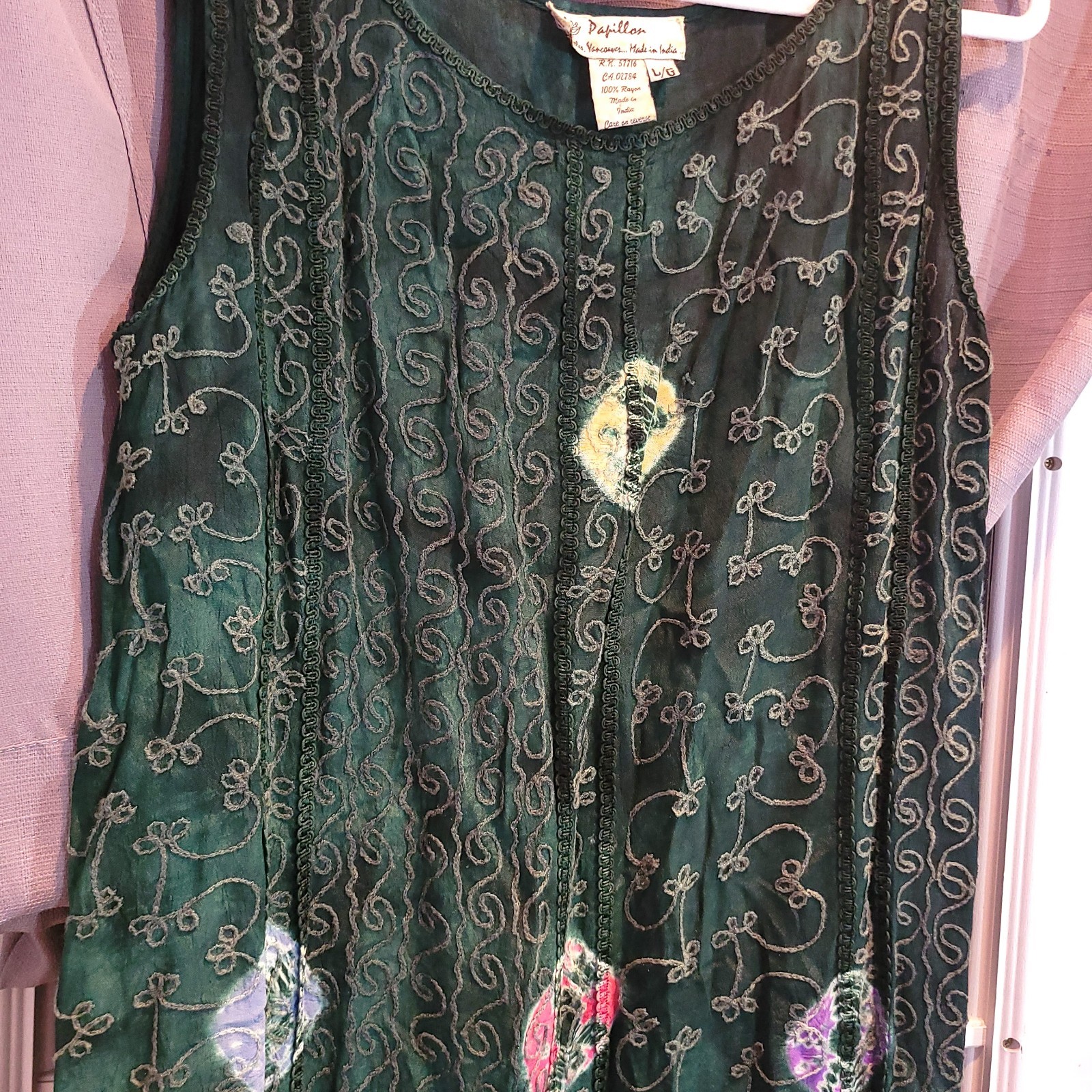 Papillon Embellished 100% Silk Vintage Green Multicolor 90s Boho Beachy Resort