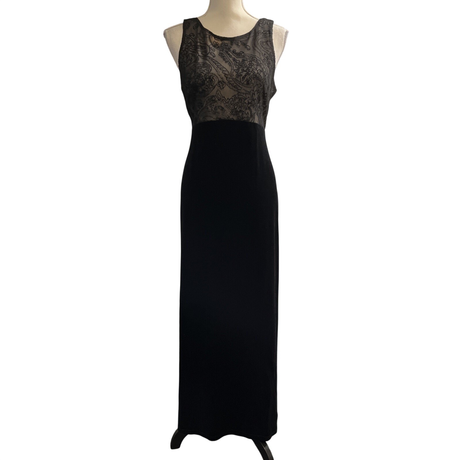Vintage Connected Apparel Y2K Dress 12 Black Velvet Mesh Sheer Mesh Bodice Maxi