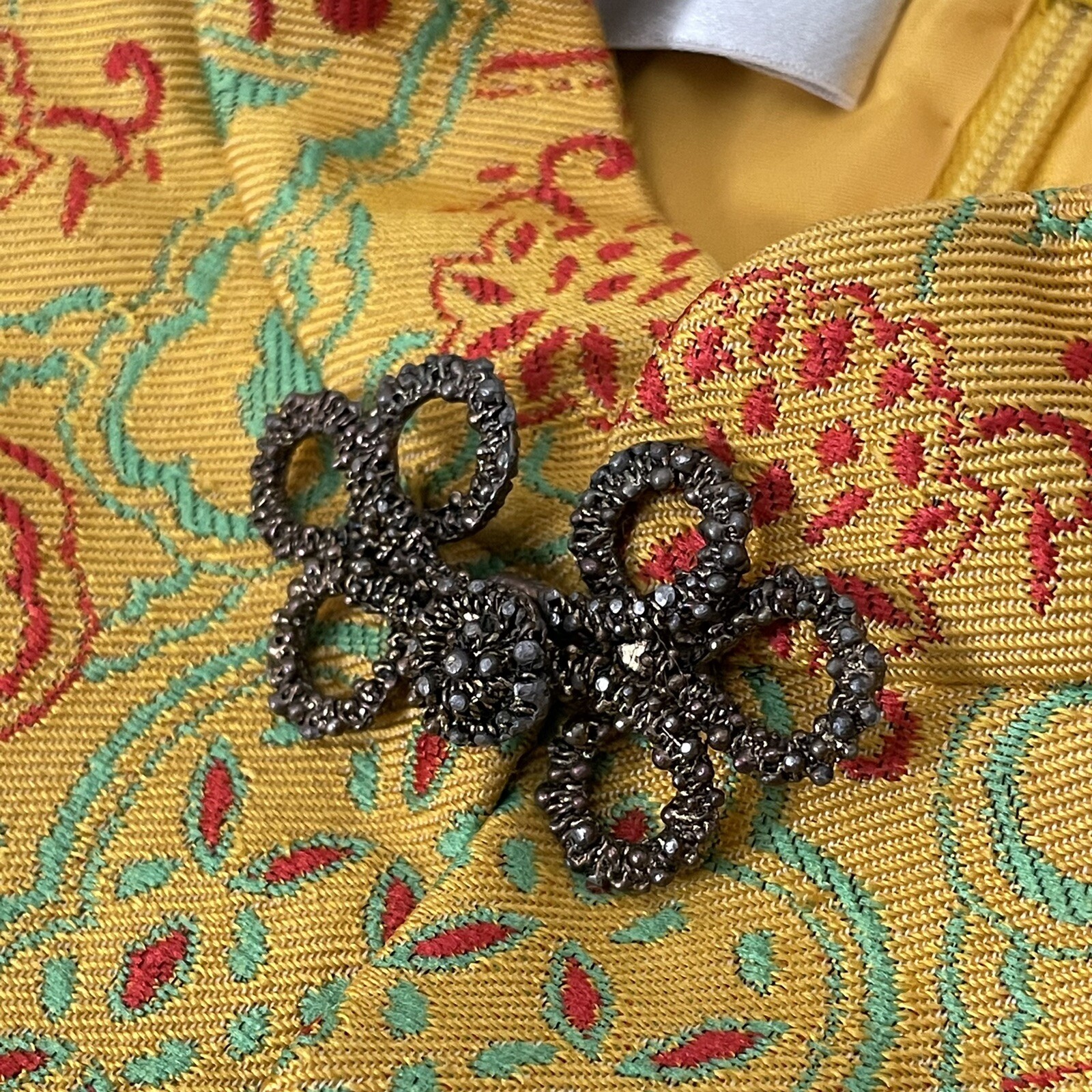 1960s ADELE SIMPSON Yellow Silk Blend Jacquard Chinese Inspired Dress VTG Rare