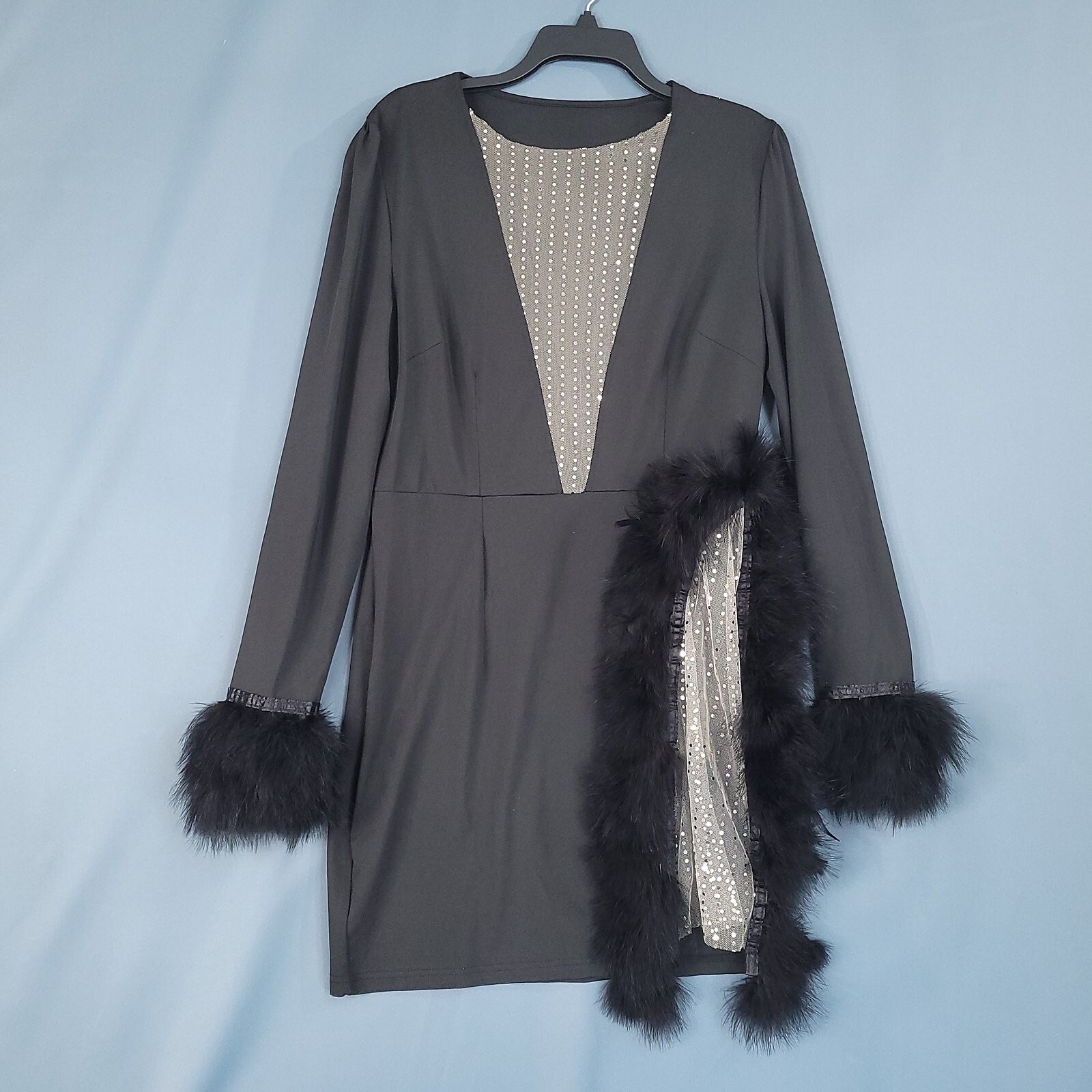 Women’s Mesh Party Sexy Dress Long Sleeve Faux Fur Cuff Black Size L