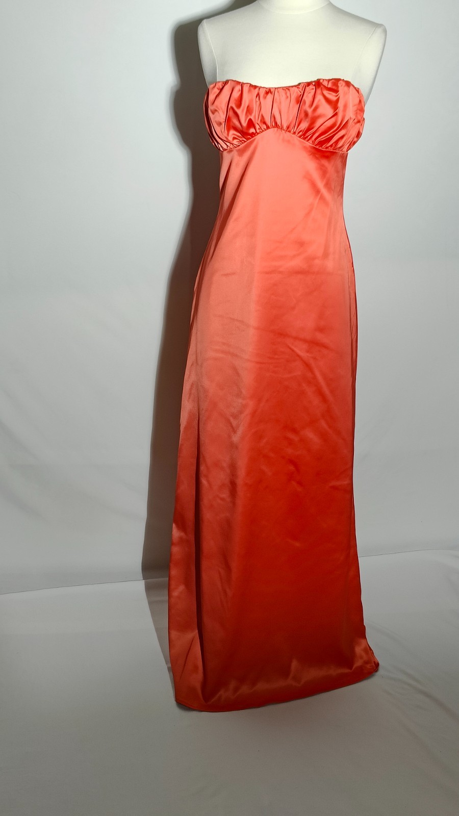Peppermayo Coral Pink Satin Strapless Empire Ruched Bust Column Maxi Dress US 2